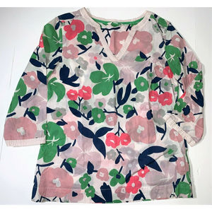 Boden Floral Flower Lightweight V-Neck Tunic Top Cotton Shirt Women's US 4 UK 8